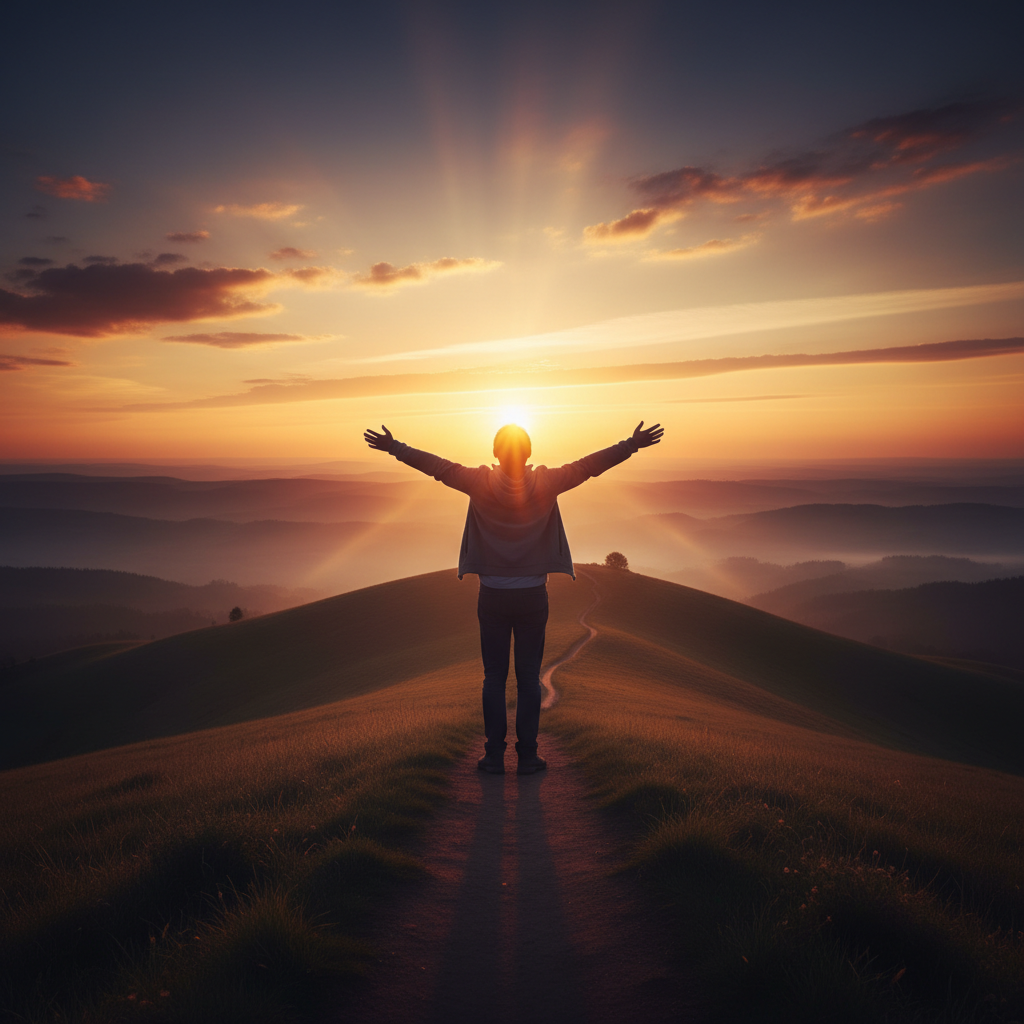 Young person standing at sunrise on a hilltop, looking toward a bright horizon